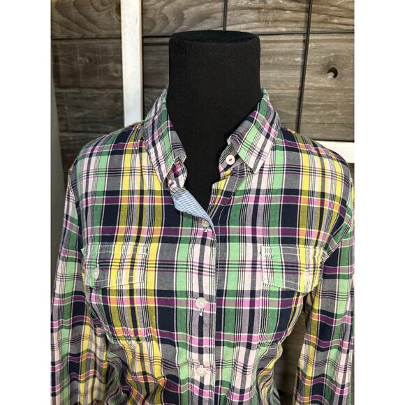 Tommy Hilfiger plaid button up long sleeve yellow teal pink blouse womens size L - Picture 2 of 8